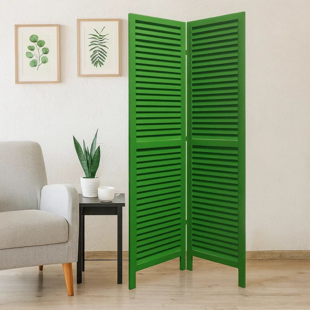 3 Panel Foldable Wooden Shutter Screen with Straight Legs, Green