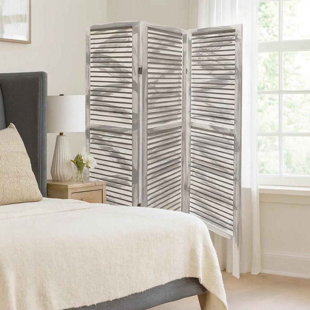 3 Panel Foldable Wooden Shutter Screen with Straight Legs, Gray