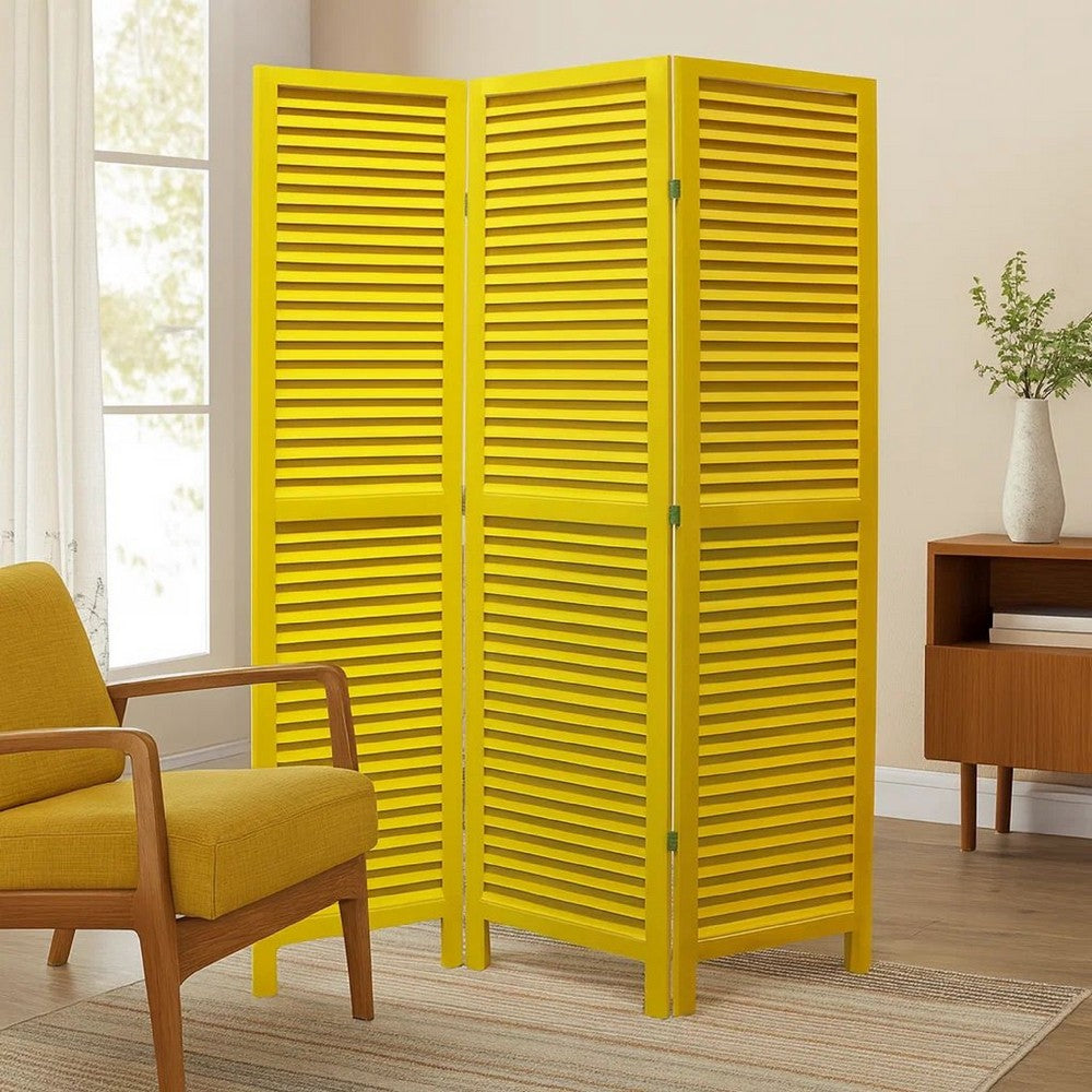 3 Panel Foldable Wooden Shutter Screen with Straight Legs, Yellow