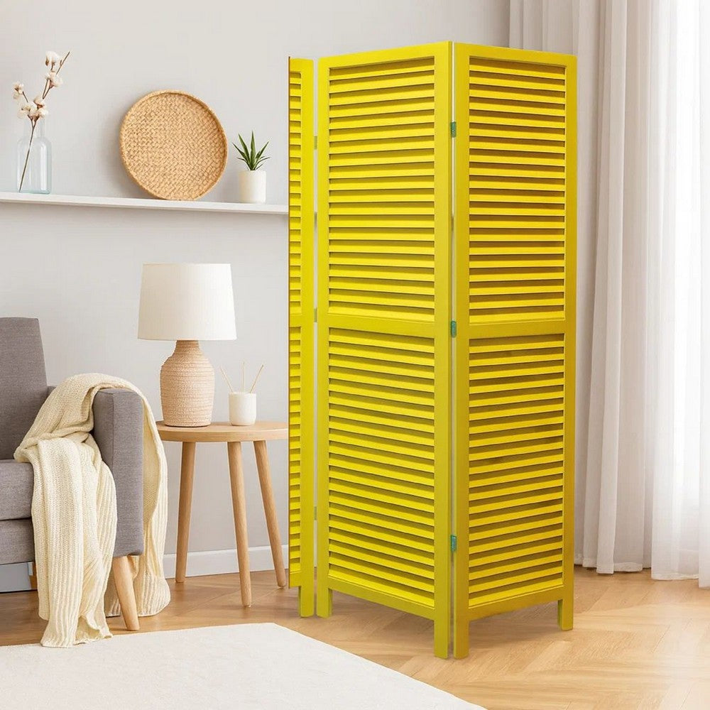 3 Panel Foldable Wooden Shutter Screen with Straight Legs, Yellow
