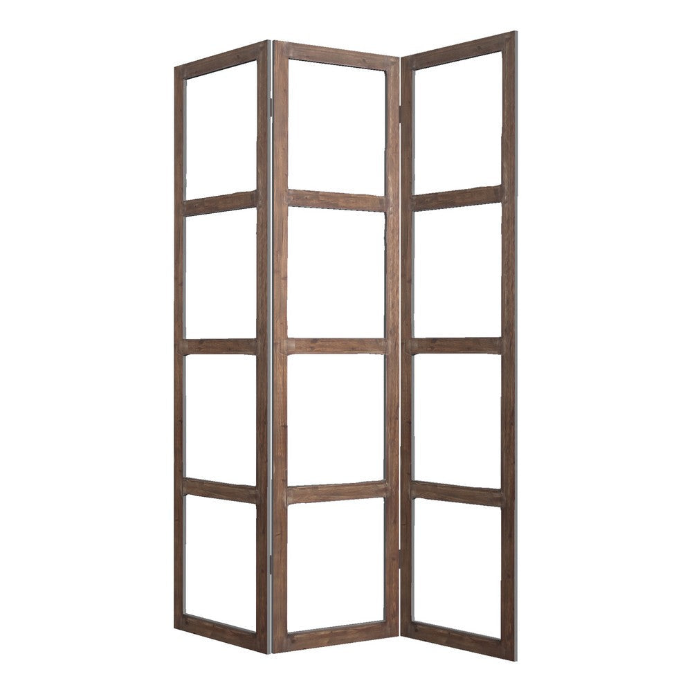 3 Panel Wood and Glass Screen with Window Pane Design, Brown and Clear