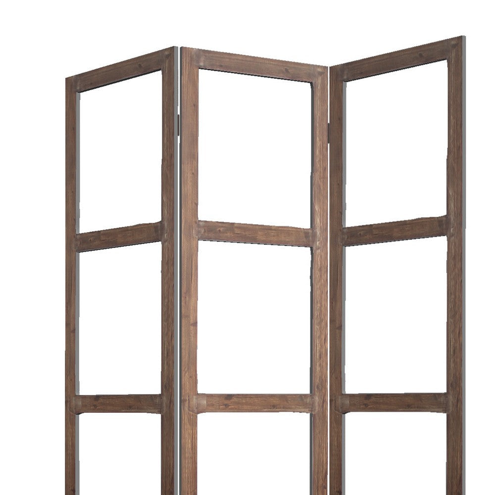 3 Panel Wood and Glass Screen with Window Pane Design Brown and Clear BM205399