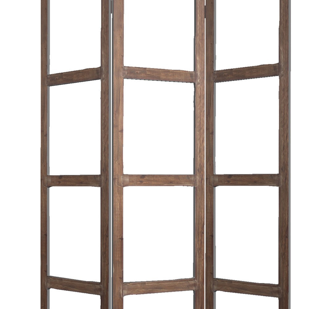 3 Panel Wood and Glass Screen with Window Pane Design Brown and Clear BM205399