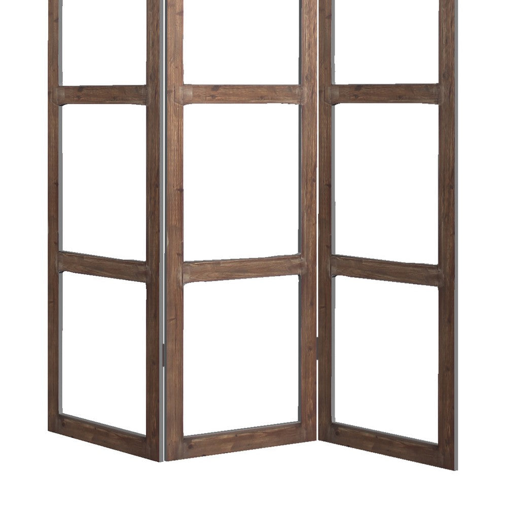3 Panel Wood and Glass Screen with Window Pane Design Brown and Clear BM205399