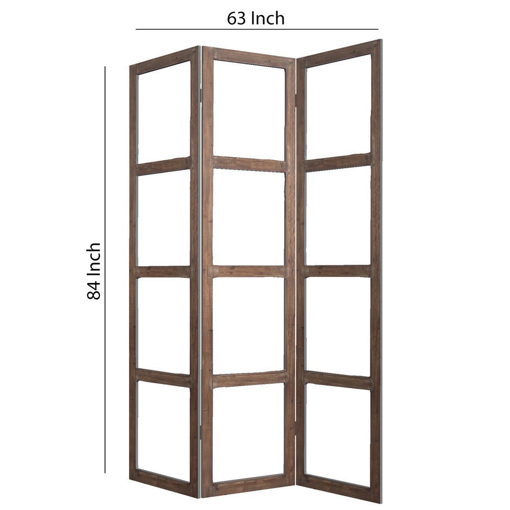 3 Panel Wood and Glass Screen with Window Pane Design Brown and Clear BM205399