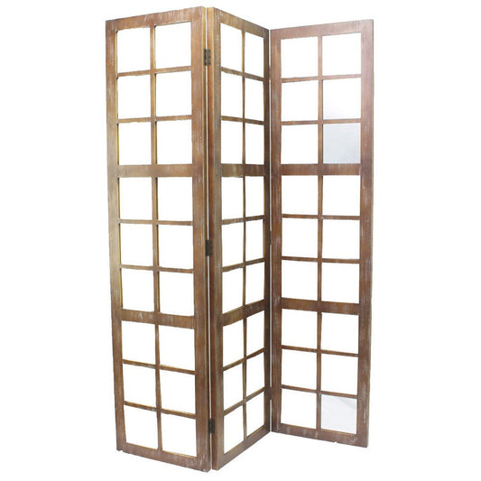 Room Divider | 3 Panel | Wood | Square Mirror Inserts | Brown & Silver