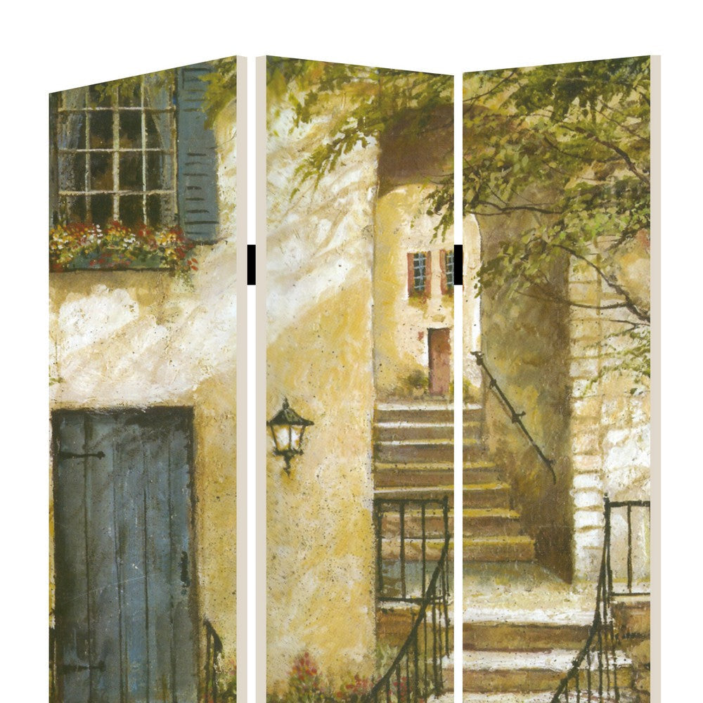 Foldable 3 Panel Canvas Screen with Europe Promenade Print Multicolor BM205403