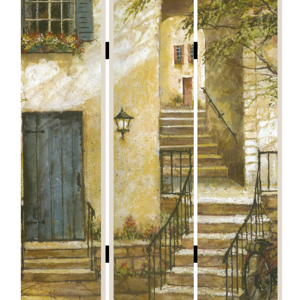 Foldable 3 Panel Canvas Screen with Europe Promenade Print Multicolor BM205403