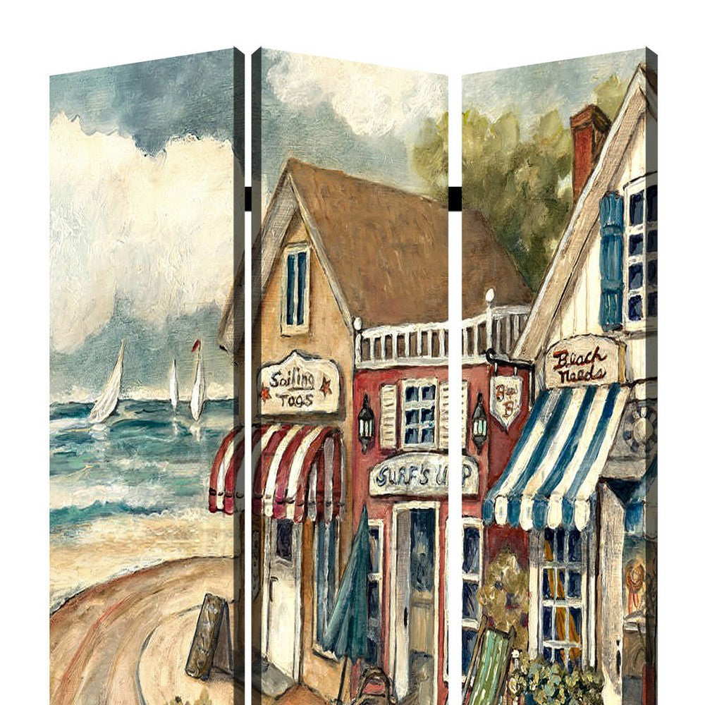 Foldable 3 Panel Canvas Screen with Seaside Town Print Multicolor BM205404