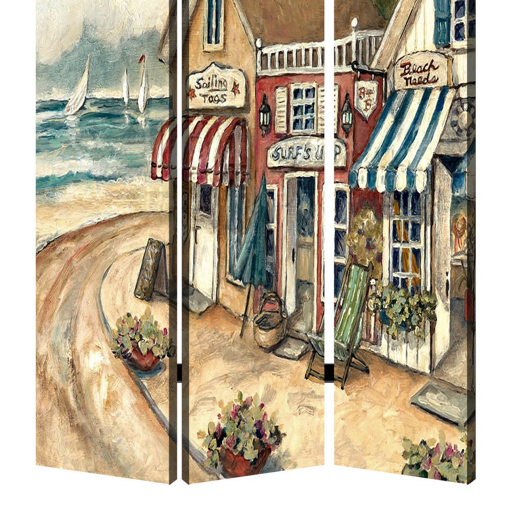 Foldable 3 Panel Canvas Screen with Seaside Town Print Multicolor BM205404