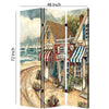 Foldable 3 Panel Canvas Screen with Seaside Town Print Multicolor BM205404
