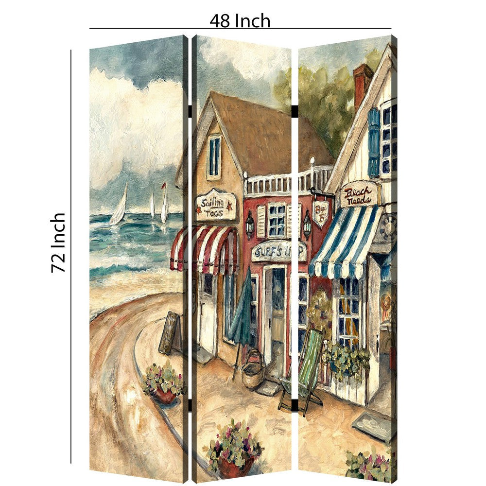 Foldable 3 Panel Canvas Screen with Seaside Town Print Multicolor BM205404