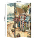 Foldable 3 Panel Canvas Screen with Seaside Town Print Multicolor BM205404