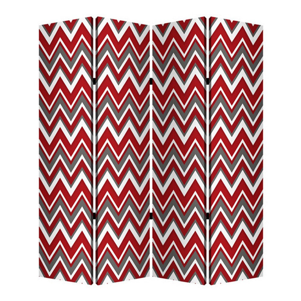 3 Panel Foldable Canvas Screen with Chevron Print, Red and White