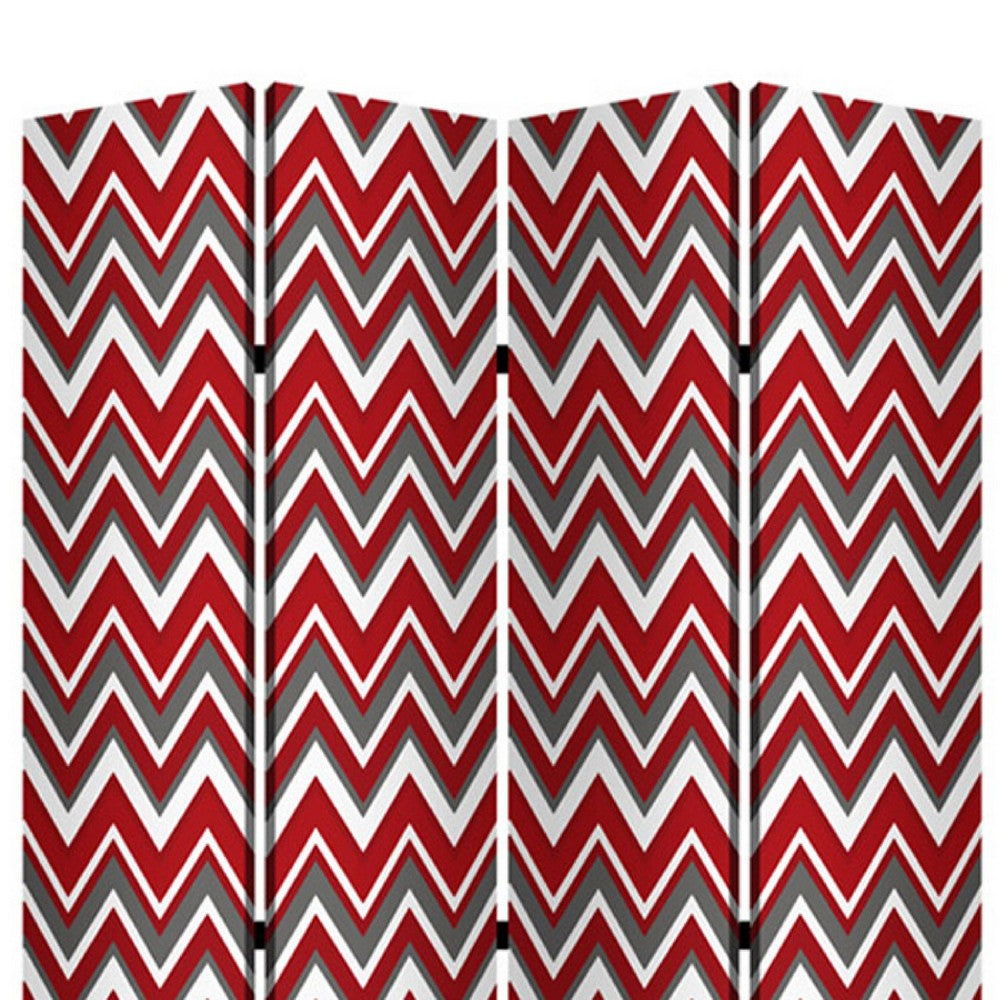 3 Panel Foldable Canvas Screen with Chevron Print, Red and White