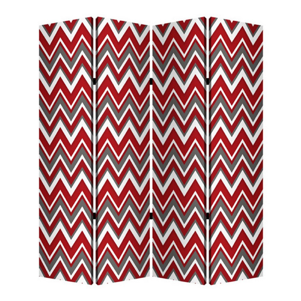 3 Panel Foldable Canvas Screen with Chevron Print, Red and White