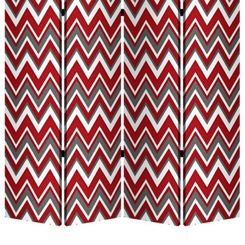 3 Panel Foldable Canvas Screen with Chevron Print, Red and White