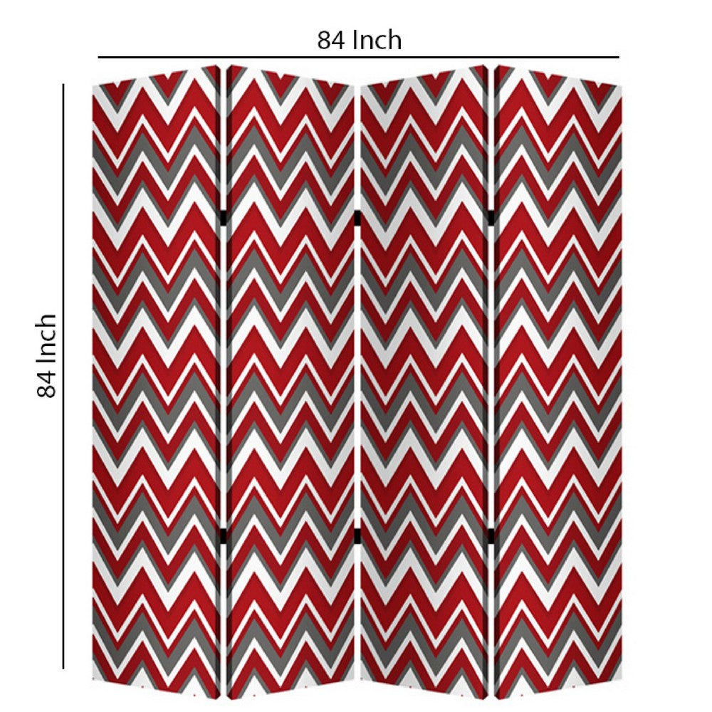 3 Panel Foldable Canvas Screen with Chevron Print, Red and White