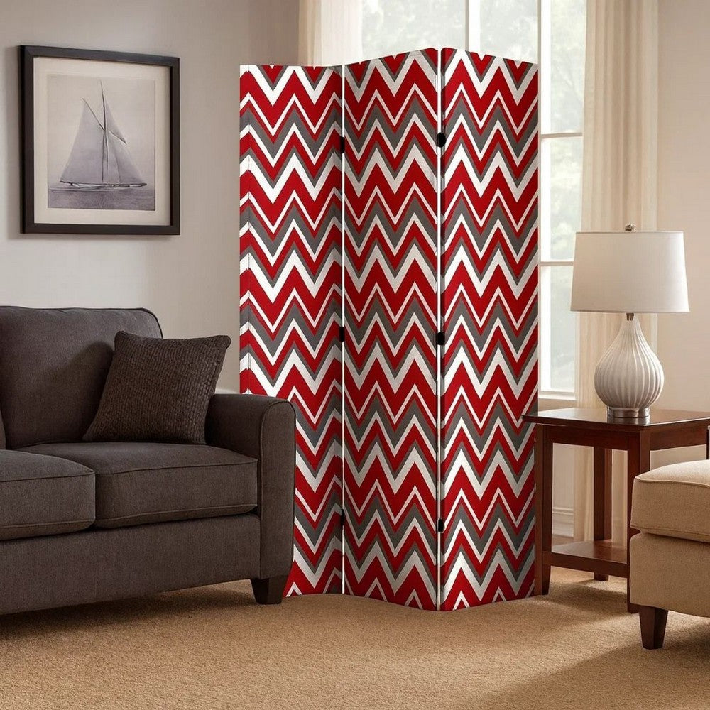 3 Panel Foldable Canvas Screen with Chevron Print, Red and White