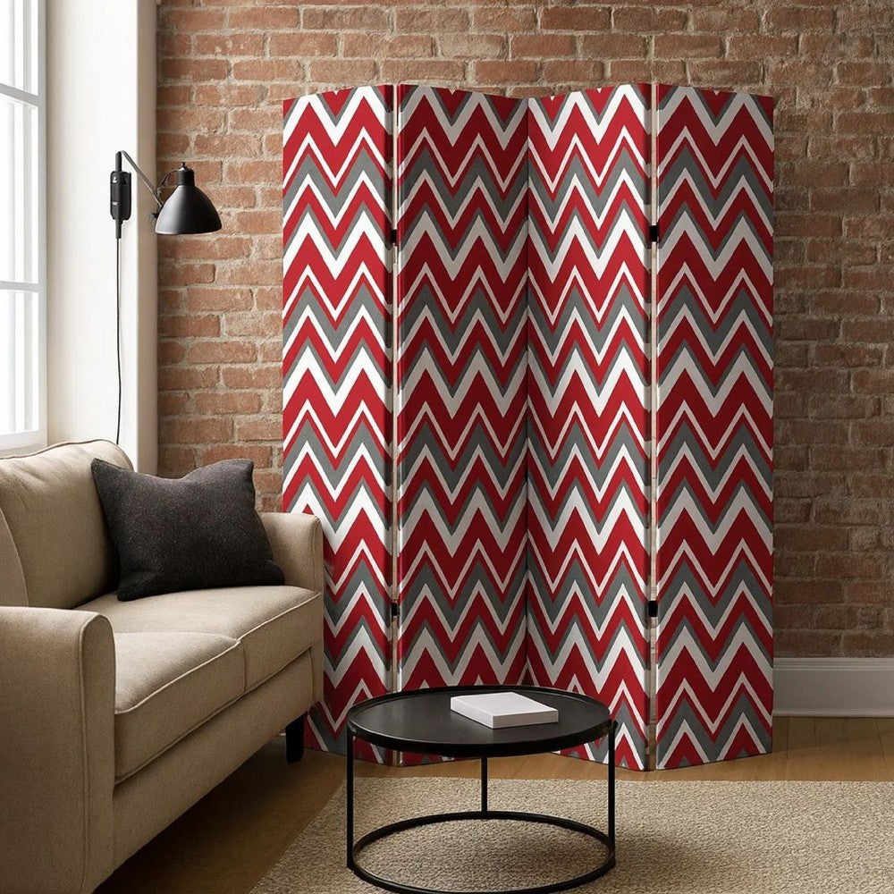 3 Panel Foldable Canvas Screen with Chevron Print, Red and White