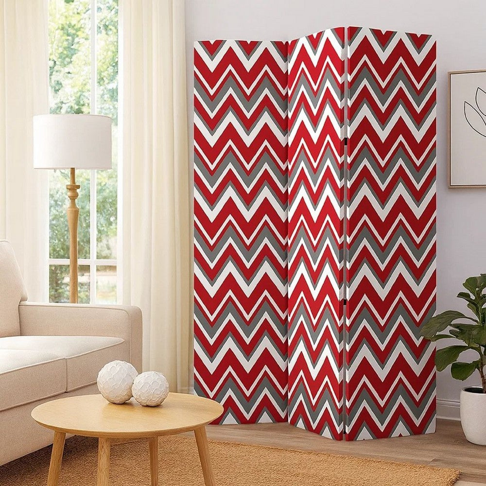 3 Panel Foldable Canvas Screen with Chevron Print, Red and White