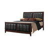 Leatherette Upholstered Wooden Eastern King Bed, Brown and Black