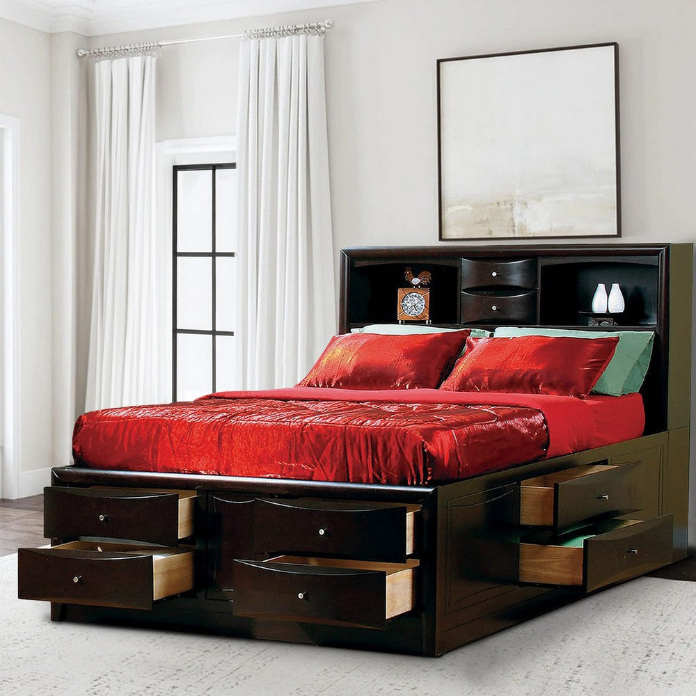 Wooden Queen Size bed with 10 Drawers and 2 Open Shelves Dark Brown By Casagear Home BM205485