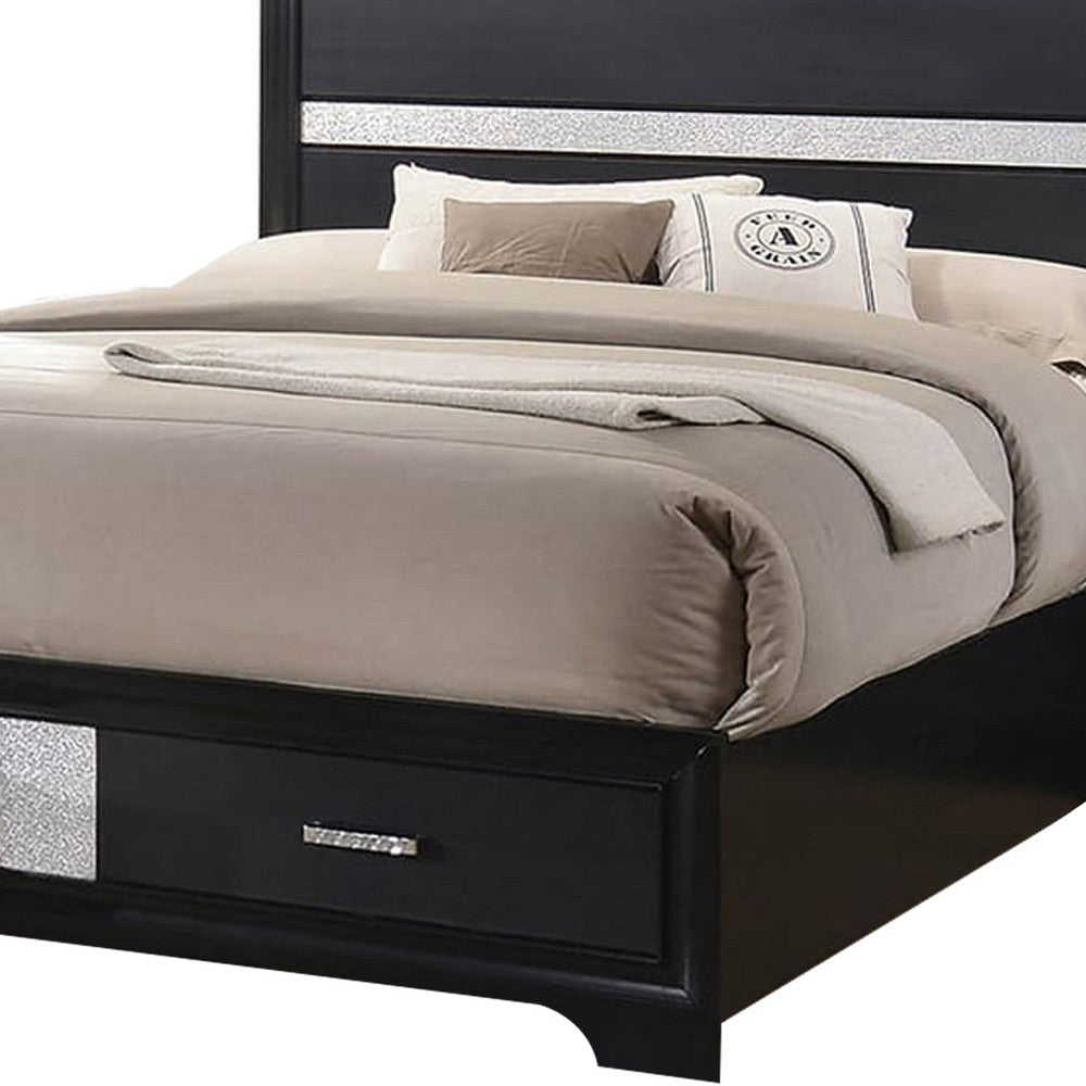 Wooden Eastern King Size Bed with 2 Storage Drawers Black and Silver By Casagear Home BM205533