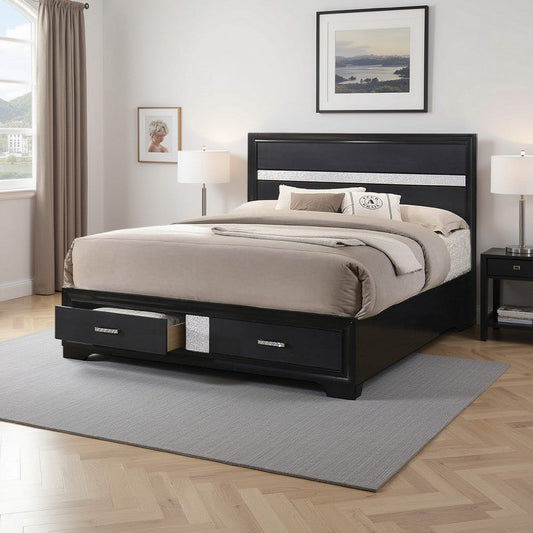 King Bed | Wood | 2 Storage Drawers | Black & Silver