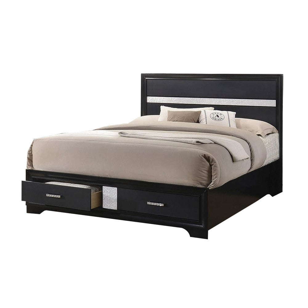 Wooden Eastern King Size Bed with 2 Storage Drawers, Black and Silver By Casagear Home