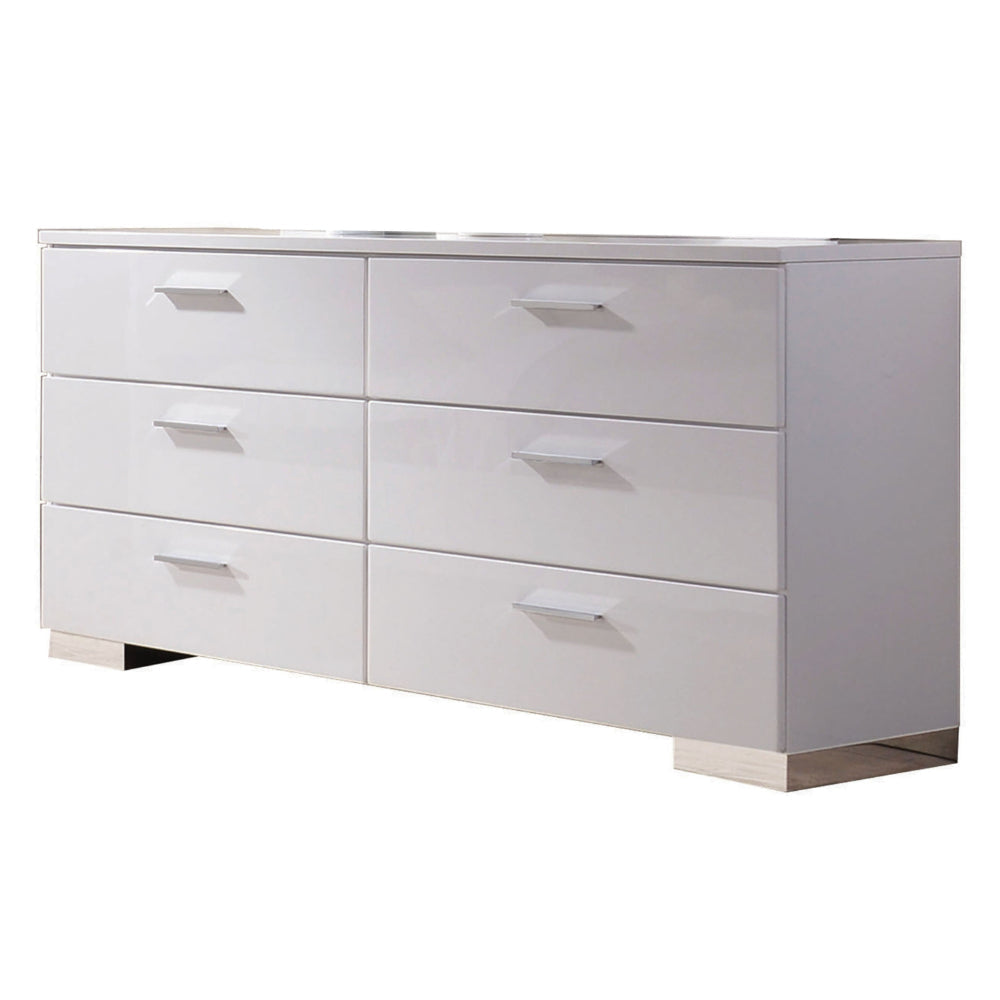 High Gloss Finish Wood and Metal Dresser with 6 Spacious Drawers,White By Casagear Home