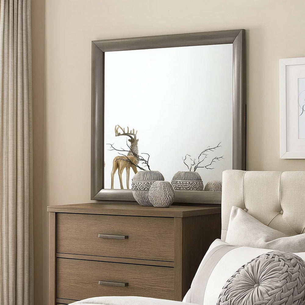 Transition Style Wooden Mirror with Rectangular Shape,Gray and Silver