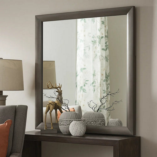 Transition Style Wooden Mirror with Rectangular Shape,Gray and Silver
