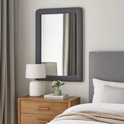 Fabric Upholstered Wooden Frame Mirror with Welt Trim, Light Gray