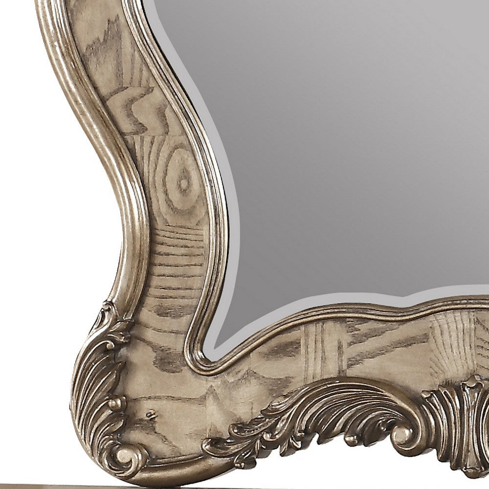 Wooden Mirror with Scrollwork Crown and Trim Details Brown and Silver BM205593