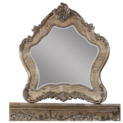 Wooden Mirror with Scrollwork Crown and Trim Details, Brown and Silver