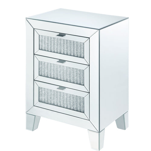 Contemporary Style Wooden Mirrored Night Table with 3 Drawers, Silver