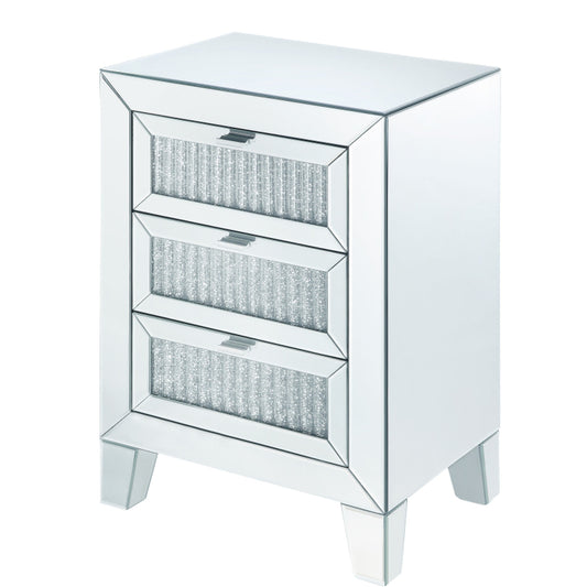 Contemporary Style Wooden Mirrored Night Table with 3 Drawers, Silver