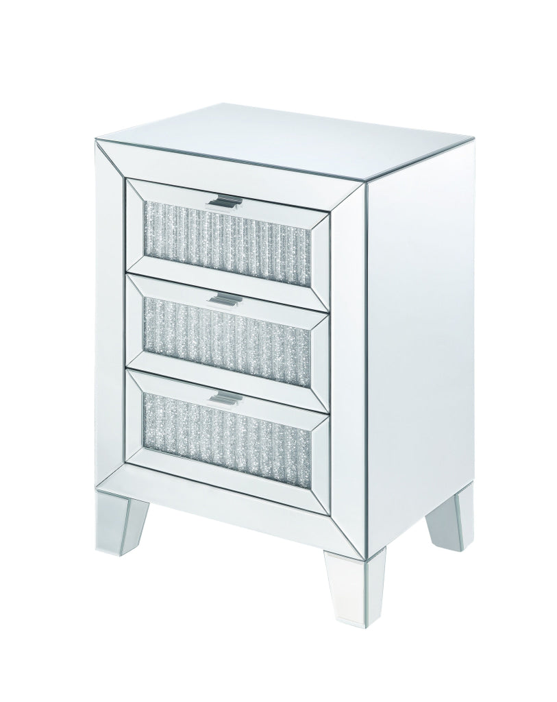 Contemporary Style Wooden Mirrored Night Table with 3 Drawers, Silver