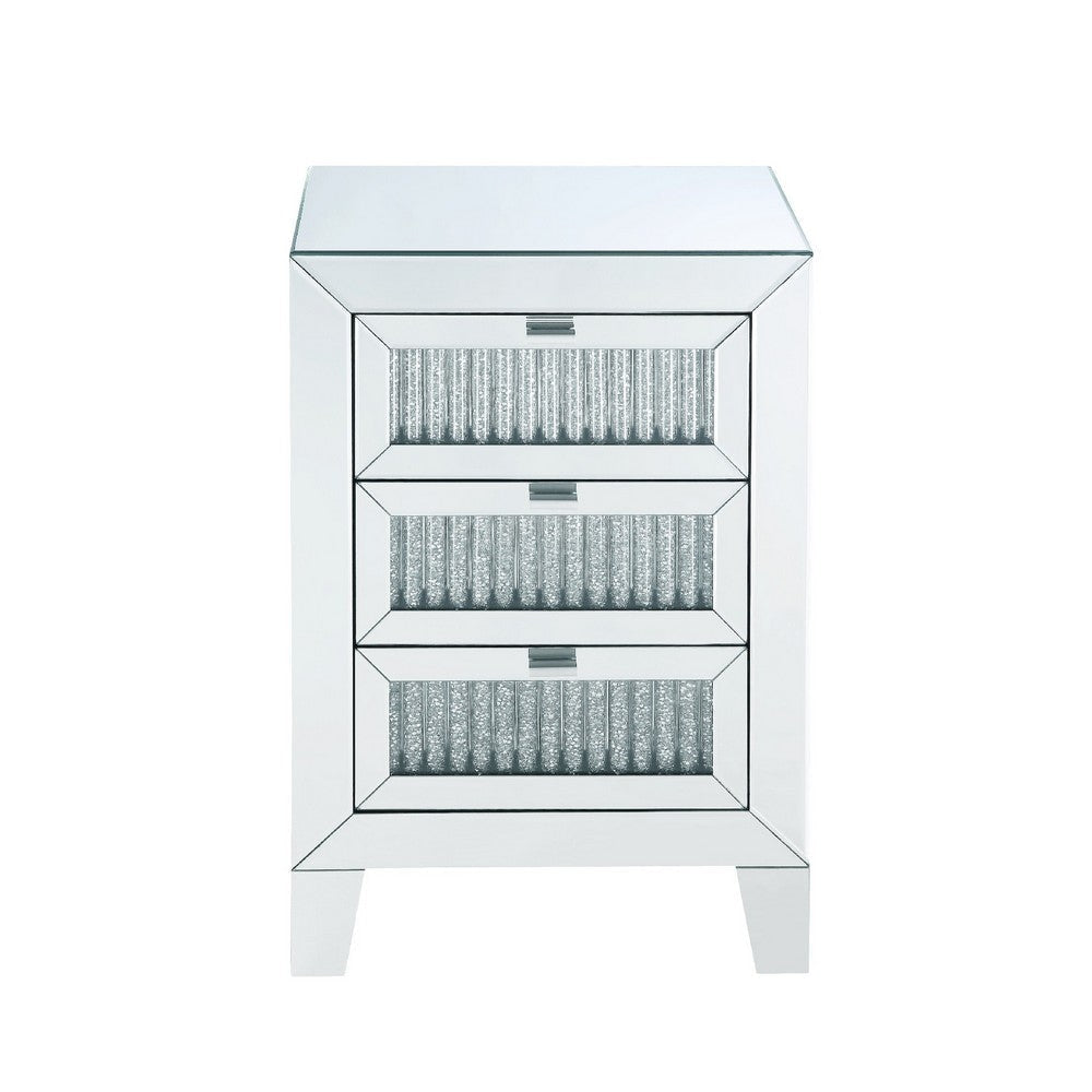 Contemporary Style Wooden Mirrored Night Table with 3 Drawers Silver BM205596