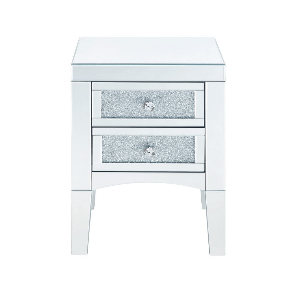 Wooden Night Table with 2 Spacious Drawers and Tapered Legs Silver BM205597