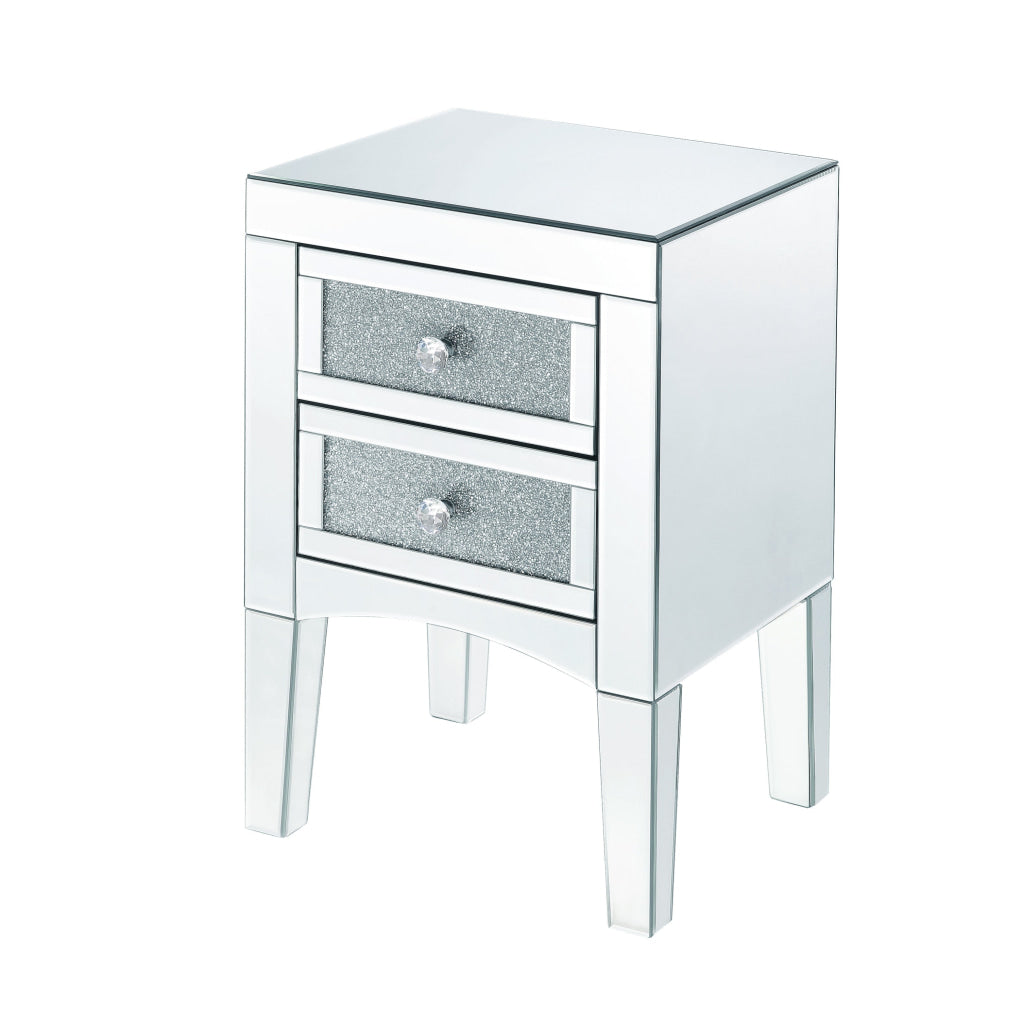 Wooden Night Table with 2 Spacious Drawers and Tapered Legs, Silver