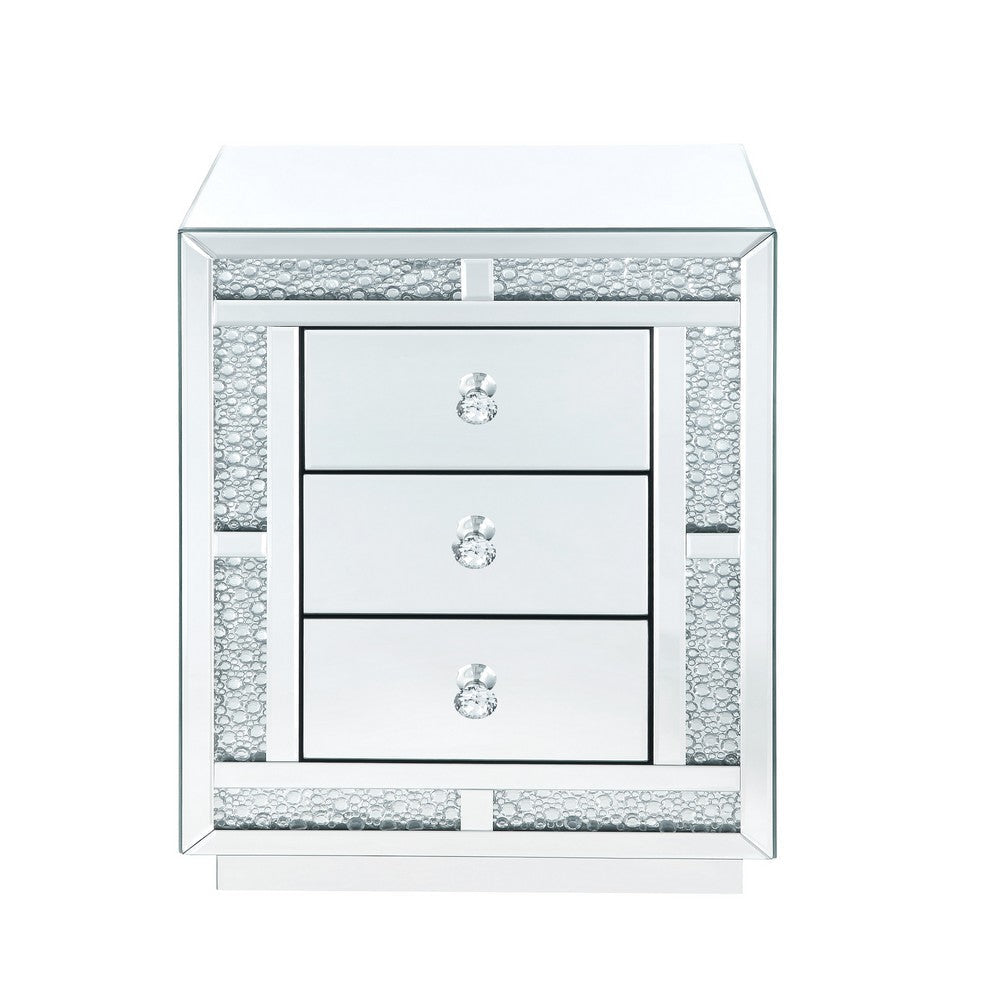 Mirrored Wooden Night Table with Flat Base and 3 Drawers Silver BM205599