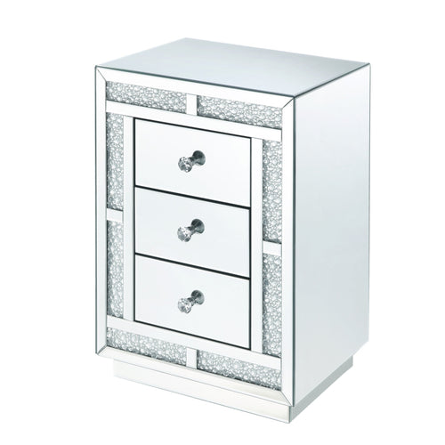 Mirrored Wooden Night Table with Flat Base and 3 Drawers, Silver