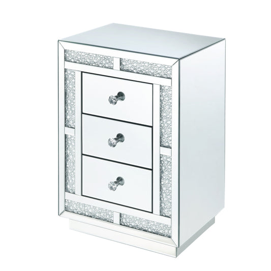 Mirrored Wooden Night Table with Flat Base and 3 Drawers, Silver