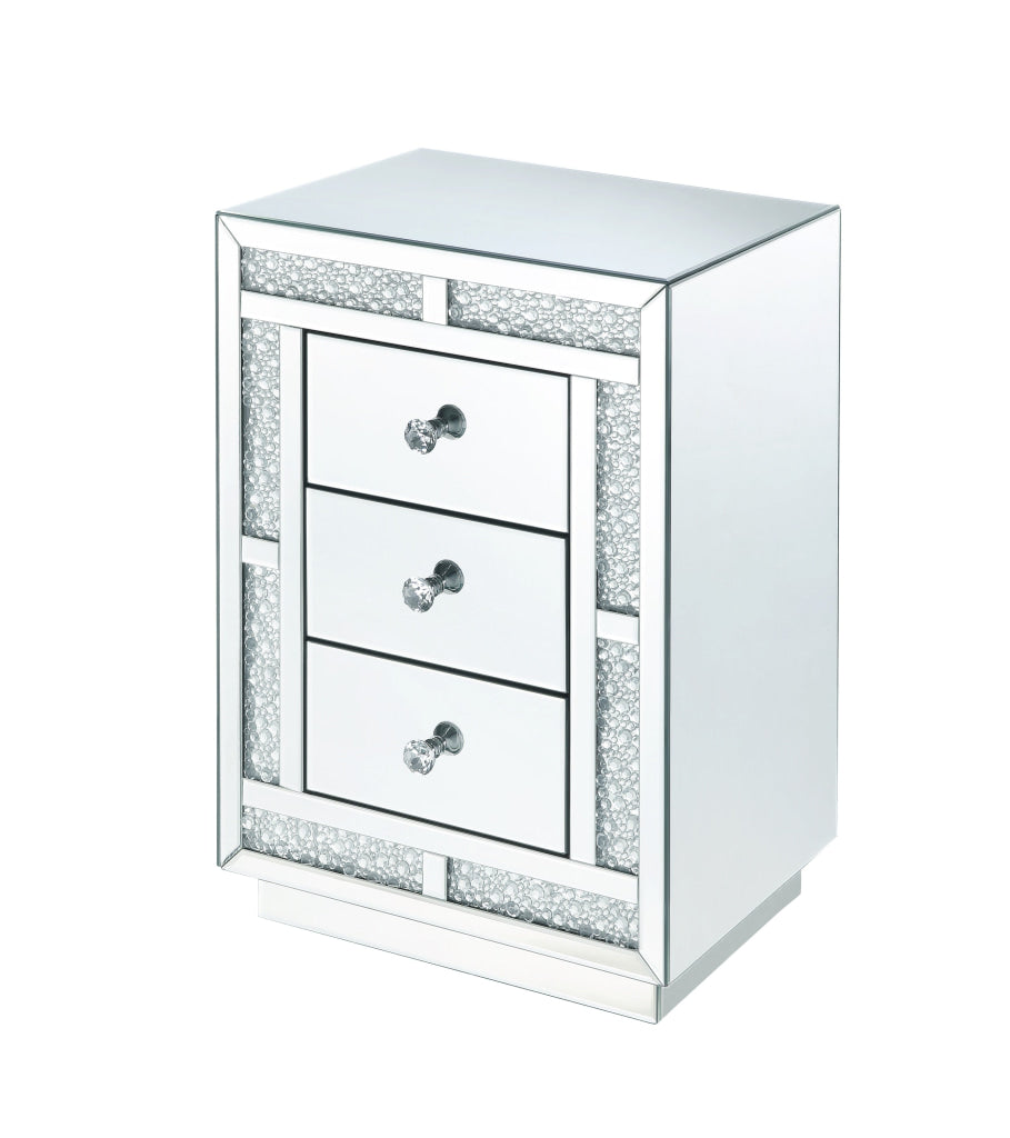Mirrored Wooden Night Table with Flat Base and 3 Drawers, Silver
