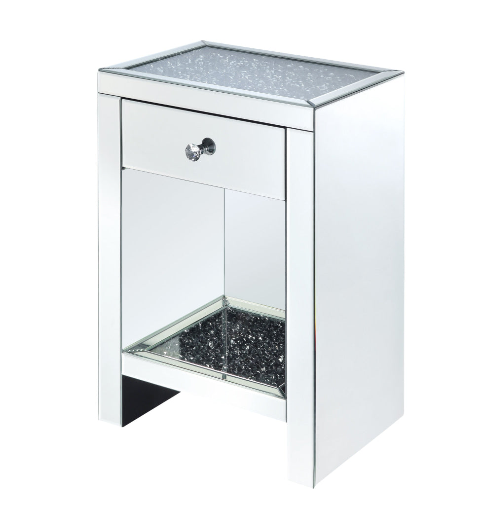 Mirrored Wooden Night Table with 1 Drawer and Bottom Shelf, Silver