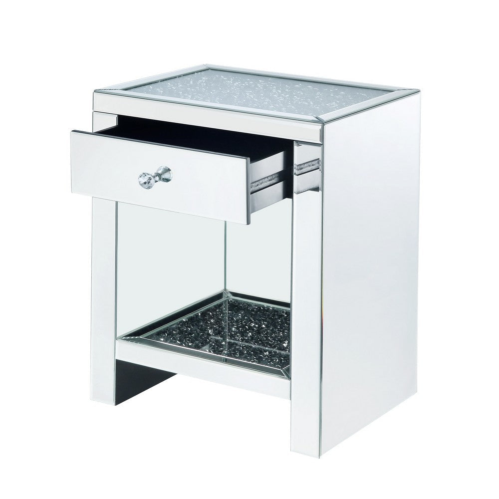Mirrored Wooden Night Table with 1 Drawer and Bottom Shelf Silver BM205600