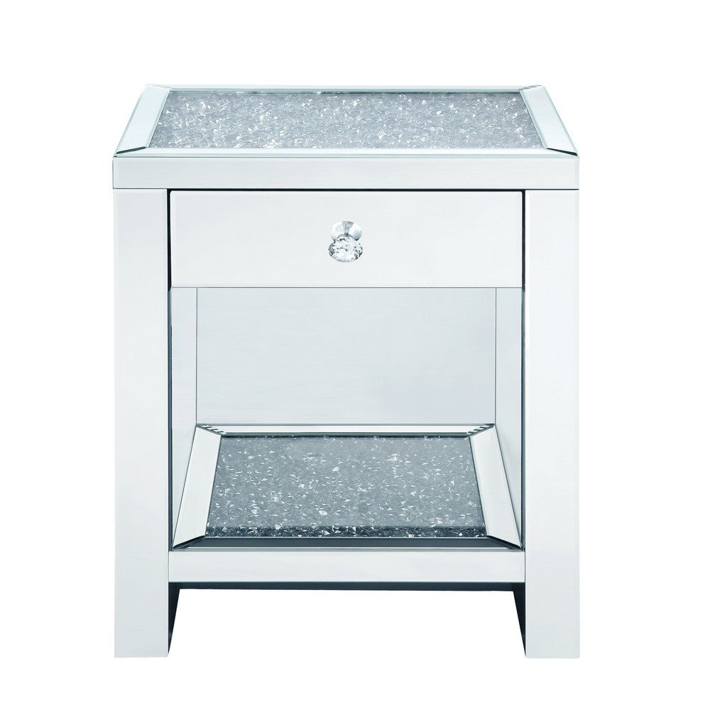 Mirrored Wooden Night Table with 1 Drawer and Bottom Shelf Silver BM205600