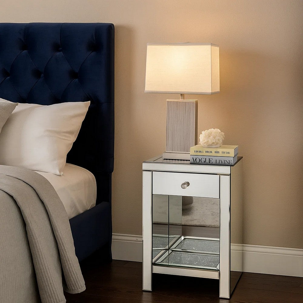 Mirrored Wooden Night Table with 1 Drawer and Bottom Shelf, Silver
